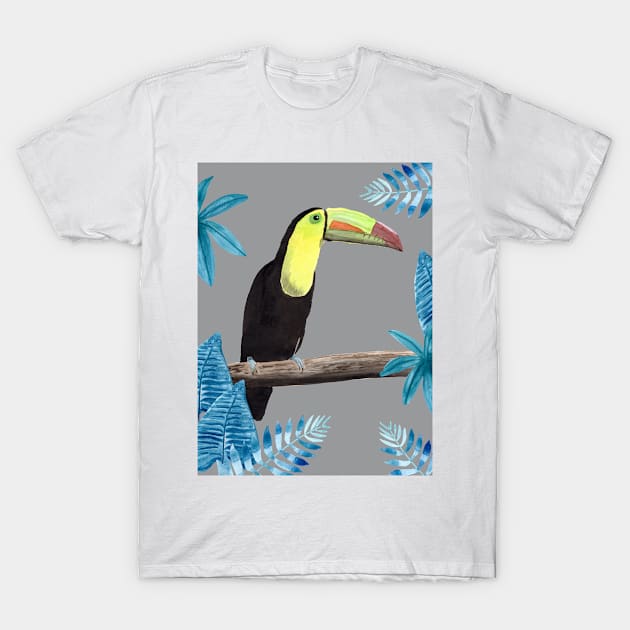 Toucan with tropical leaves and an ultimate gray background T-Shirt by Sandraartist